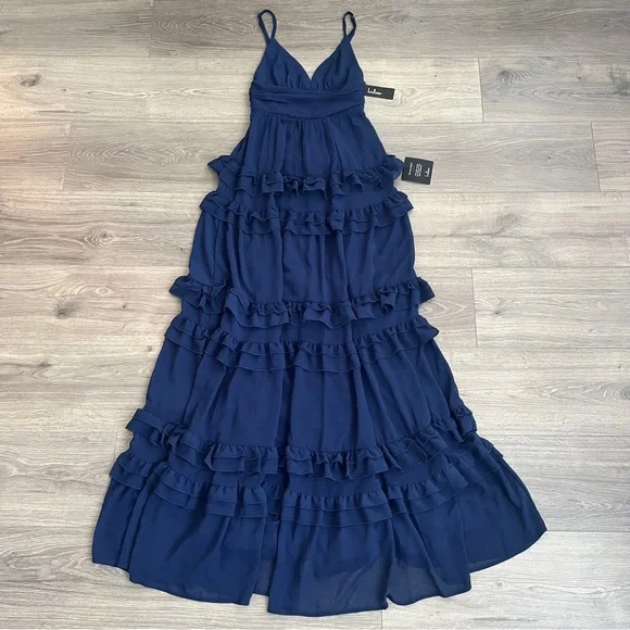 Lulus Lavish Perfection Ruffle Tiered Maxi Dress XS Navy Blue Chiffon Formal - Picture 4 of 11
